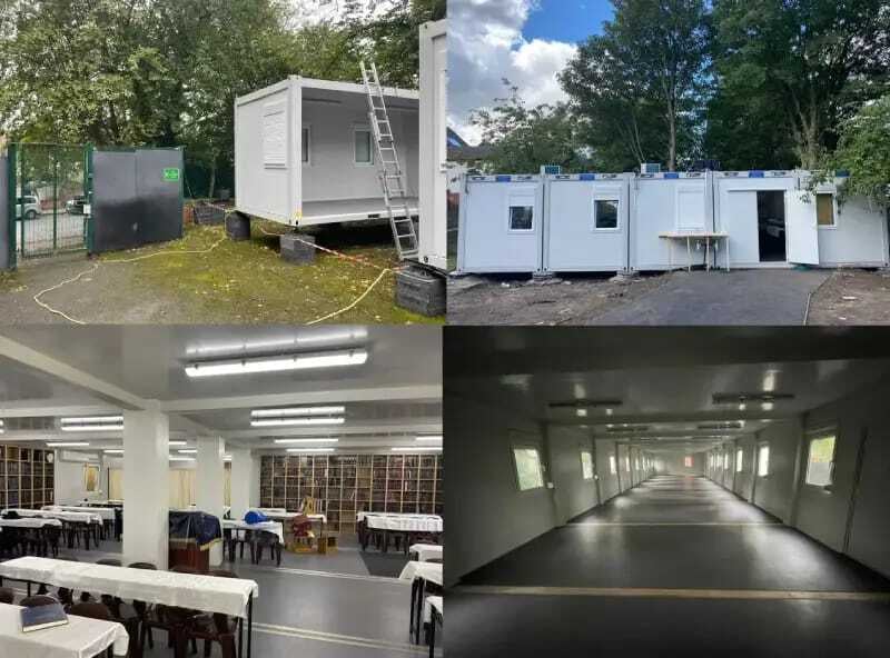 A collage of four images showing modular learning facilities: exterior views of modular units in a schoolyard, an interior classroom setting, and an empty corridor with overhead lighting