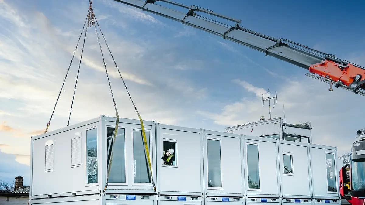 Crane hoisting a modular building unit with a worker assisting, against a blue sky with wispy clouds.