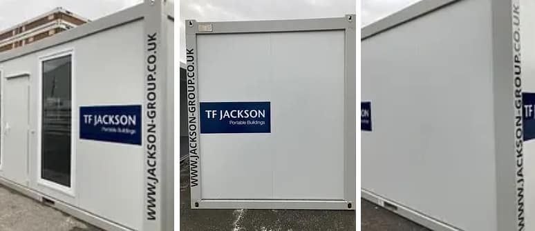 Three-panel image displaying different angles of a modular portable building with 'TF Jackson Portable Buildings' branding.