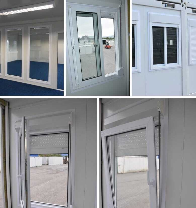 A collage of images highlighting the windows and security shutter of a modular office unit