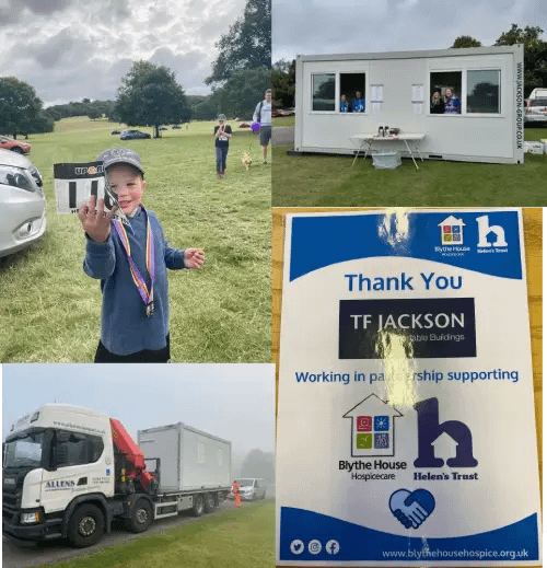 A collage of four images: a young boy outdoors with a medal, a modular building at an event, a red crane truck transporting a modular unit, and a 'Thank You' sign from a charity recognising TF Jackson